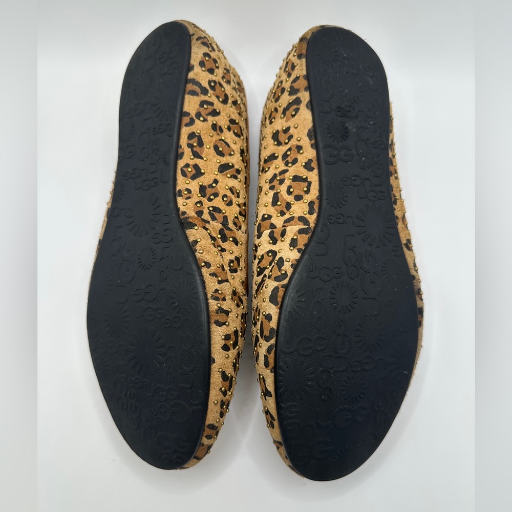 UGG Women's Leopard Print Tan Suede Slip-On Flats with Shearling - Picture 9 of 11